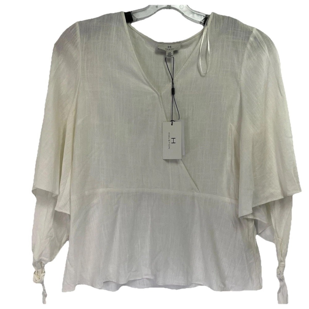 Halston Womens Sz Large Linen Blend Chalk Colored V-Neck Pullover Shirt (N7) NEW